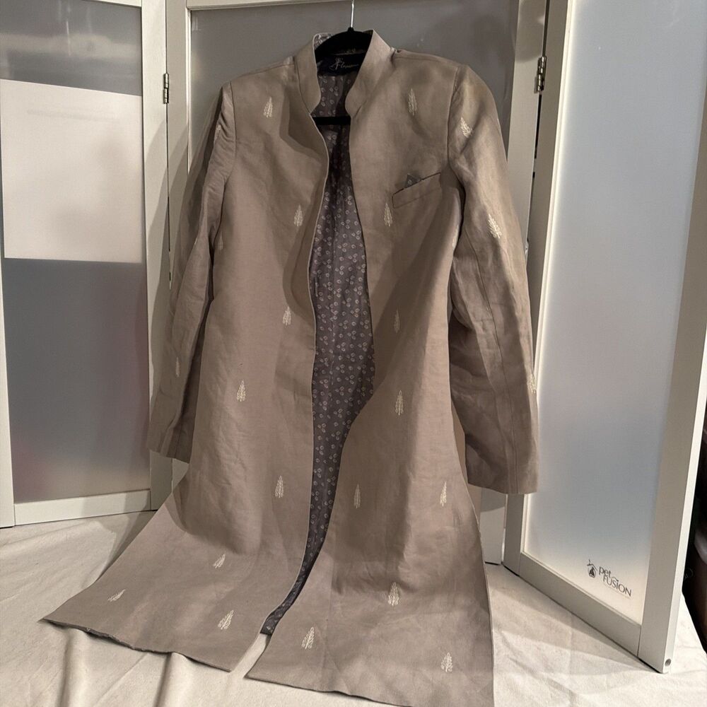 Floraisonn embroidered mandarin stand collar duster jacket Grey Longline Linen S